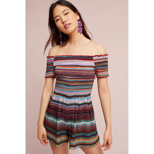 Nicole Miller Off The Shoulder Smocked Striped Romper Beaded Fringe Size 12